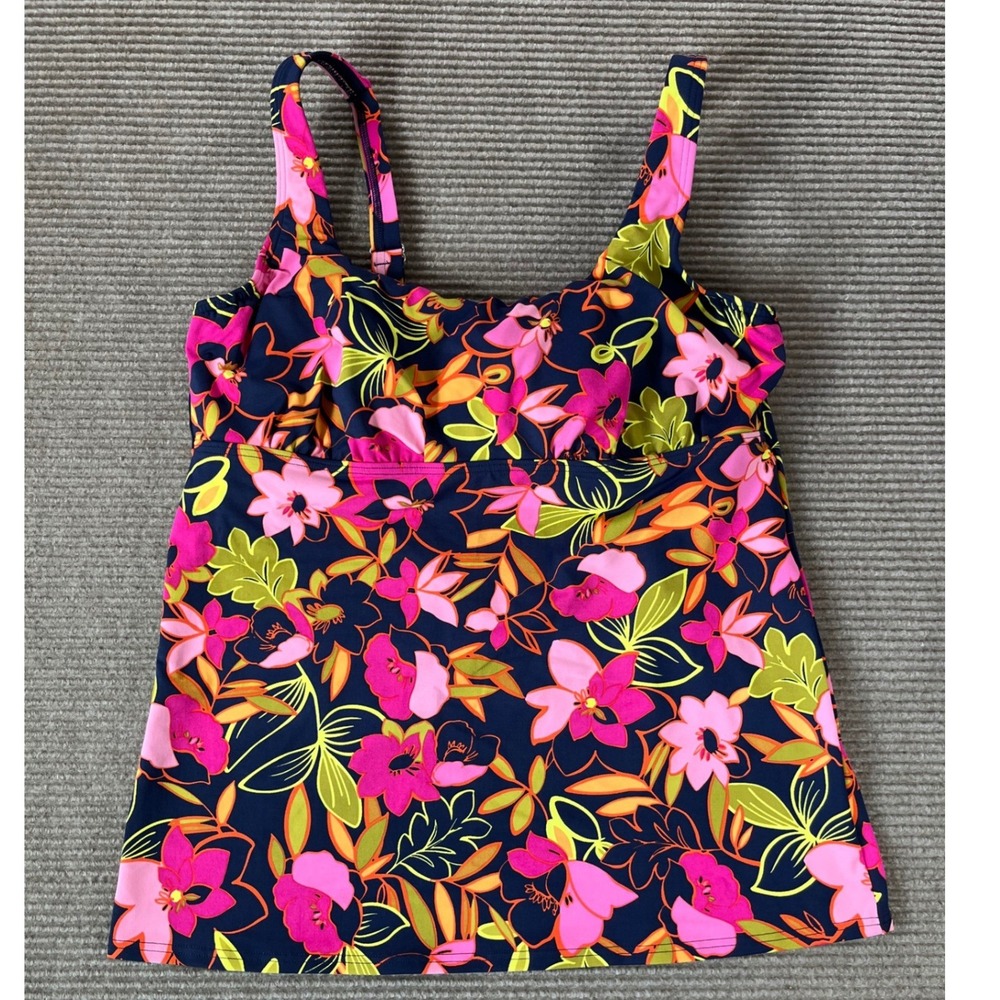 Lands End Floral Underwire Tankini Top Navy Pink Orange 14L D-Cup
